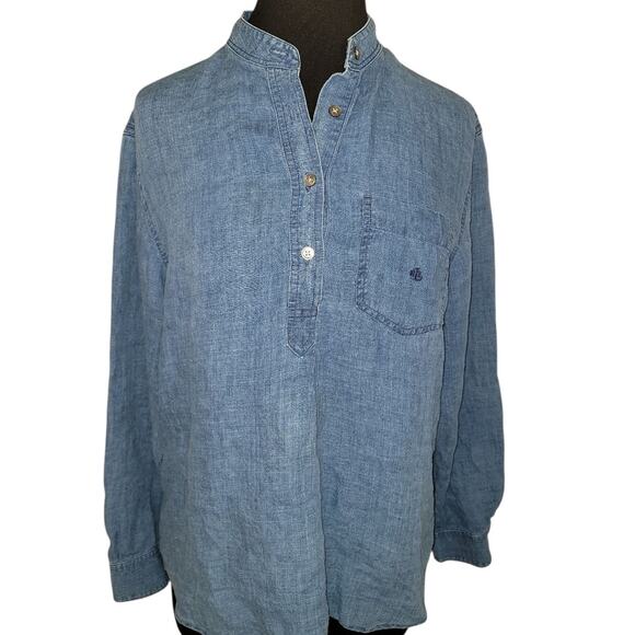 Lauren Ralph Lauren Blue Chambray Linen Blouse L 1/2 Button EUC - Picture 2 of 9